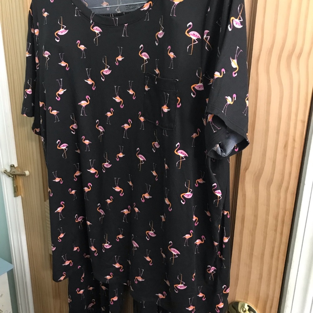 Cuddle Dud Comfort Code black PJs with pink flamingos